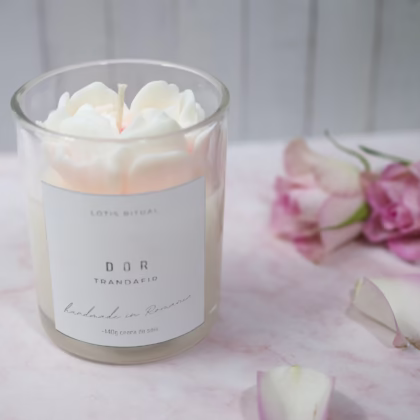 lumânare parfumata handmade trandafir citric DOR cu decor trandafir roz și strop de culoare