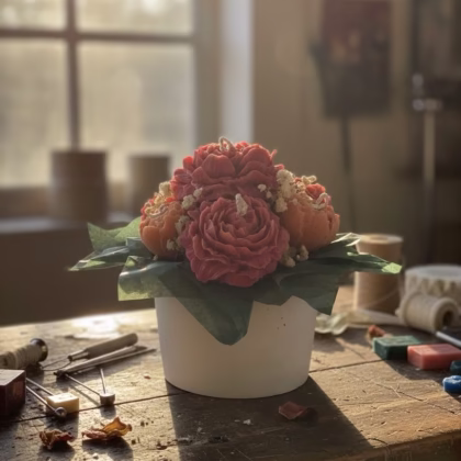 aranjament floral ceară de soia burgundy orange vibe autumnal decor handmade Lotis Ritual